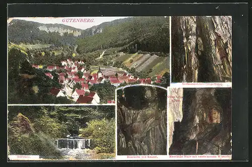 AK Gutenberg, Gesamtansicht, Höllstern, Gutenberghöhle mit Domhalle & Kanzel, mauri. Halle mit versteinertem Wasserfall
