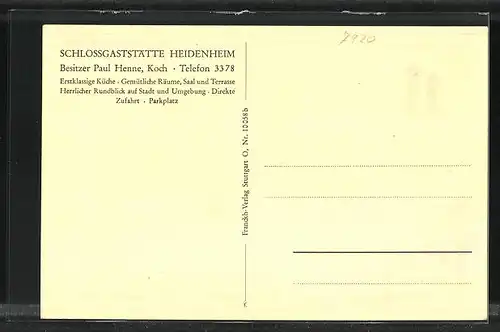AK Heidenheim, Schlossgaststätte Henne-Nest, Urkunde