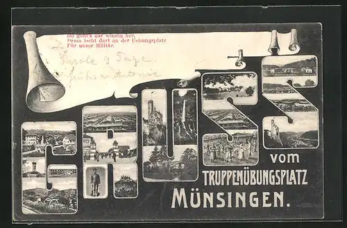 AK Münsingen, Truppenübungsplatz, Schriftzug Gruss als Fotomontage mit Turm, Gebäudeansicht, Ortspartie