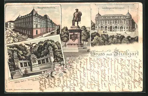 Lithographie Stuttgart, Baugewerkschule, Herzog Christoph Denkmal, Landesgewerbemuseum