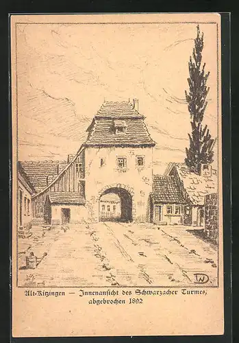 Künstler-AK Kitzingen, Innenansicht des Schwarzacher Turmes abgebrochen 1892