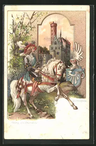 Passepartout-Lithographie Lichtenstein, Burg und Georg von Sturmfeder zu Pferde, Wappen