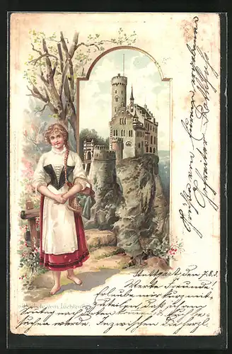 Passepartout-Lithographie Lichtenstein, Burg und s`Bärbele vom Lichtenstein