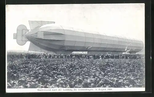 AK Echterdingen, Rückansicht des Zeppelin nach der Landung 1908