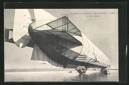 AK Zeppelins Luftschiff, neues Modell 4 1908 vor dem Aufstieg