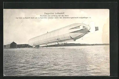 AK Luftschiff Zeppelin Model 4 bei der Landung, Luftschiffer steht auf dem Zeppelin