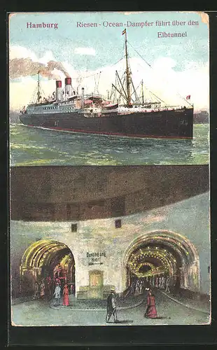 AK Hamburg-St. Pauli, Passanten im Elbtunnel, Riesen-Ocean-Dampfer fährt über den Elbtunnel