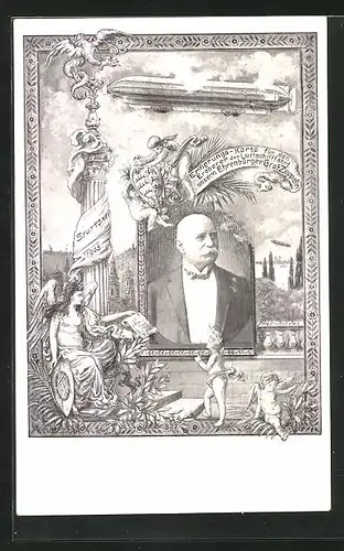 Künstler-AK Erinnerungskarte für den Eroberer der Luftschifffahrt Graf Zeppelin, Porträt und Zeppelin-Luftschiff