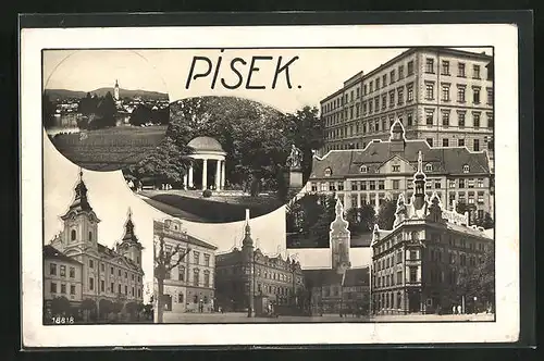 AK Pisek, Gebäudeansicht, Denkmal, Uferpartie
