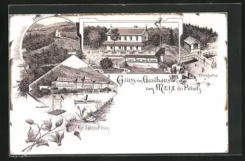 Lithographie Dresden-Pillnitz, Gasthaus zum Meix, Trinkhalle, Kgl. Schloss Pillnitz
