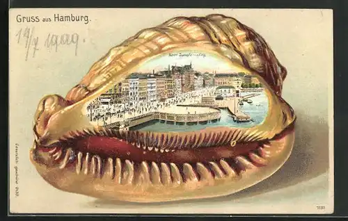 Passepartout-Lithographie Hamburg-Neustadt, Alter Jungfernstieg mit Passanten in einer Muschel