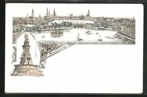 Lithographie Hamburg, Teilansicht, Hansa-Brunnen, frühe Lithographie