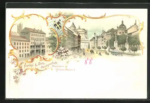 Lithographie München, Bankgeschäft Fränkel & Selz, Promenadeplatz 5, Strassenpartie mit Gebäudeansicht und Pferdebahn