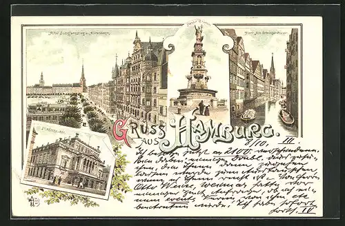 Vorläufer-Lithographie Hamburg, 1894, Stadttheater, Hanse-Brunnen, Fleet Alte Gröningerstrasse