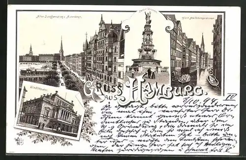 Vorläufer-Lithographie Hamburg, 1894, Stadttheater, Hansa-Brunnen, Fleet Alte Gröningerstrasse