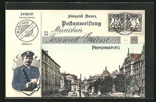 AK München, Promenadenplatz mit Denkmal, Postbote mit Brief durch zerrissenes Papier