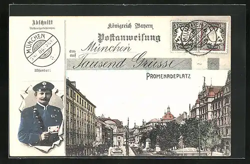 AK München, Promenadenplatz mit Denkmal, Postbote mit Brief durch zerrissenes Papier