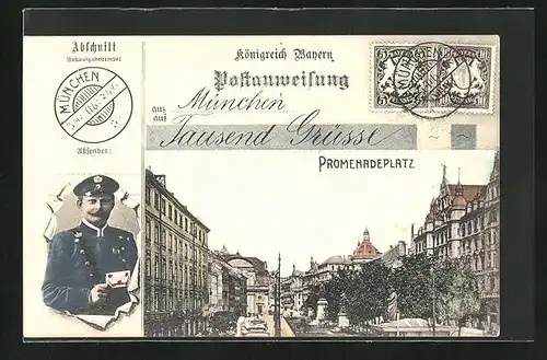 AK München, Promenadenplatz mit Denkmal, Postbote mit Brief durch zerrissenes Papier