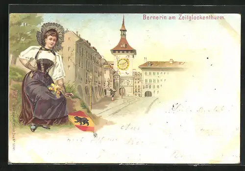 Lithographie Bern, Bernerin in Tracht am Zeitglockenthurm