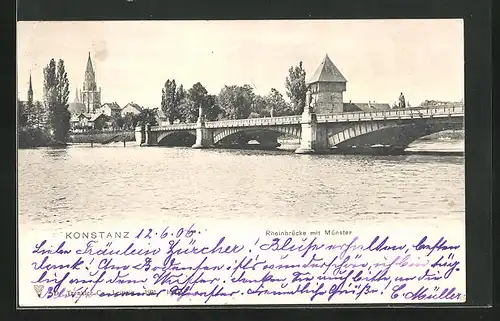 AK Konstanz, Rheinbrücke mit Münster