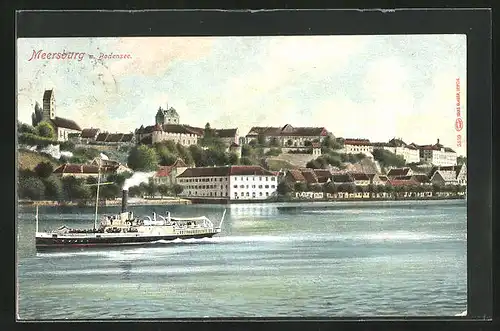 AK Meersburg, Ortsansicht mit Bodensee und Dampfer