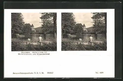 Stereo-AK Murrhardt, Walterichssee mit Walterichskirche und Kriegerdenkmal