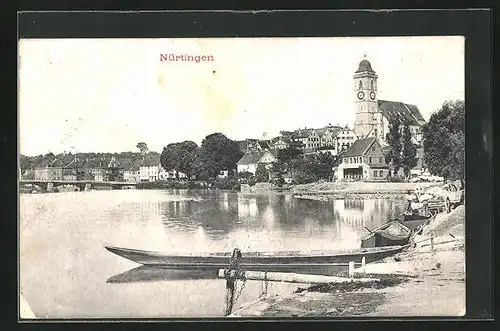 AK Nürtingen, Blick über Neckar, Boote, Kirche