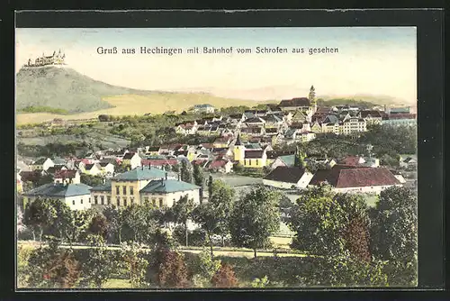 AK Hechingen, Ortsansicht mit Bahnhof vom Schrofen aus