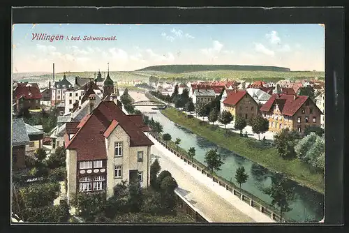 AK Villingen, Ortspartie mit Fluss und Brücke