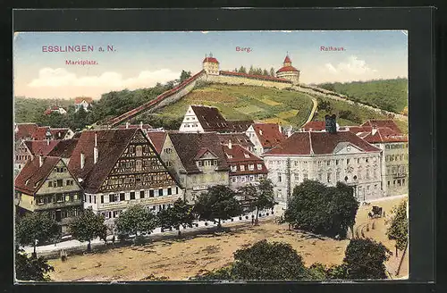 AK Esslingen a. N., Kolonialwarenhaus von Alfred Kielmeyer am Marktplatz, Rathaus & Burg