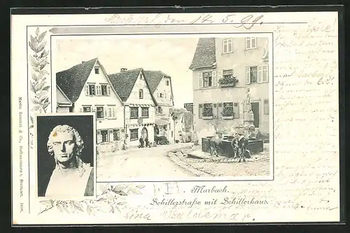 AK Marbach, Schillerstrasse mit Schillerhaus, Büste Schillers