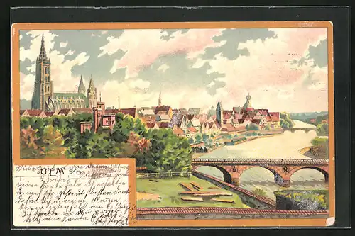 Lithographie Ulm a. D., Donaupartie mit Brücke und Münster