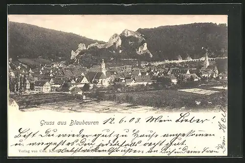 AK Blaubeuren, Totalansicht mit Gebirgszug