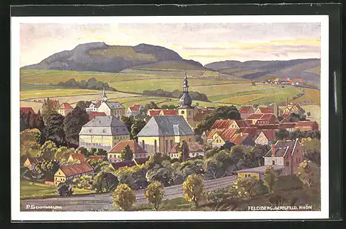 Künstler-AK Gersfeld, Teilansicht mit Feldberg