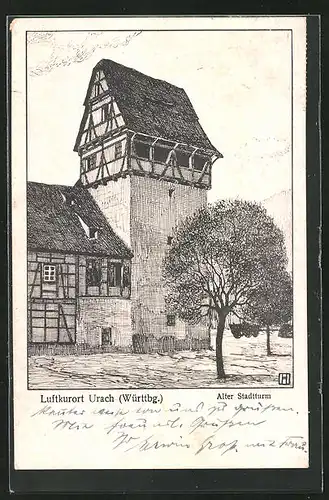 Künstler-AK Urach, Alter Stadtturm