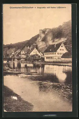 AK Dürrmenz-Mühlacker, Enzpartie mit Ruine Löffelstelz