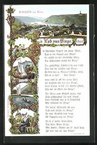 AK Bingen a. Rhein, Ortsansicht, Ruderboot, Gedicht von F. v. Kobell