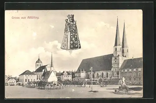 AK Altöttingen, Ortspartie mit Kirche und Brunnen, Gnadenbild