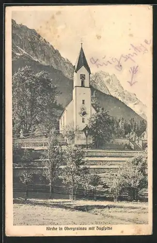 AK Obergrainau, Kirche im Ort mit Zugspitze