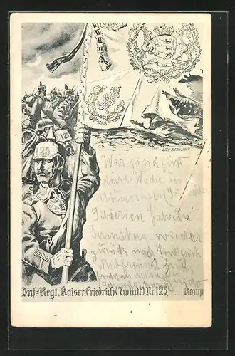 Künstler-AK Inf.-Regt. Kaiser Friedrich (7. Württ.) Nr. 125, Soldaten im Kampf, Fahnenträger