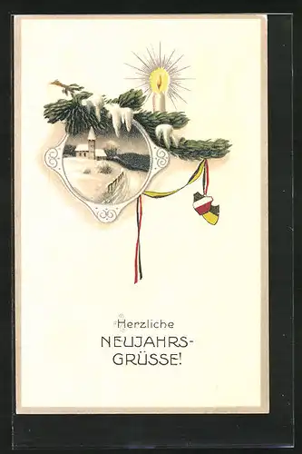 Präge-Lithographie Neujahrsgruss, Tannenzweig mit Kerze, Winteridyll