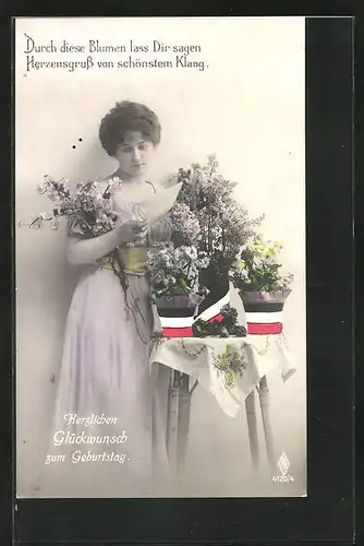 AK Geburtstagsgruss, Maid mit Blumensträussen