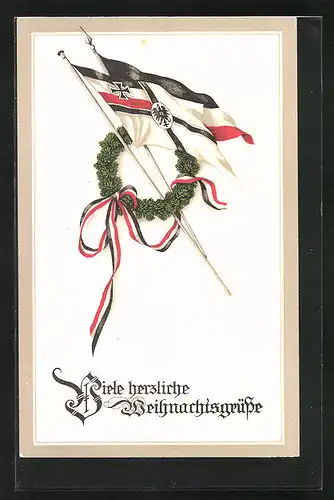 Künstler-AK Weihnachtsgruss, Tannenzweigkranz, Reichskriegsflagge