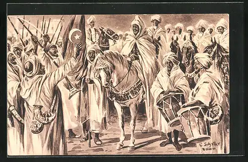 Künstler-AK sign.: C. Schaller, Die Verkündung des heiligen Krieges, Türken im grossen Krieg 1914 /1915