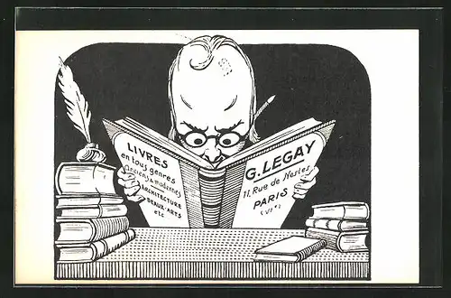 AK Karikatur Buchhändler G. Legay aus Paris liest in seinem Buch