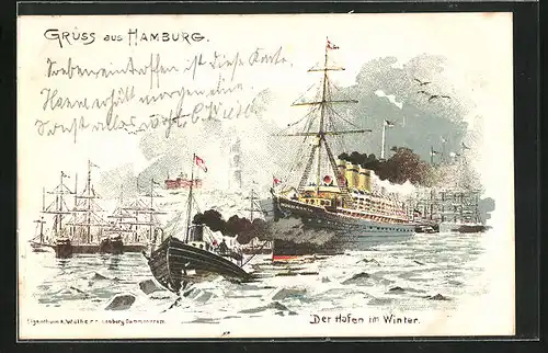 Lithographie Hamburg, Passagierschiff im Hafen im Winter