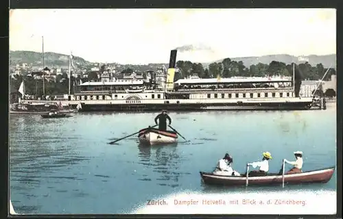 AK Zürich, Binnenschiff Dampfer Helvetia mit Blick a. d. Zürichberg