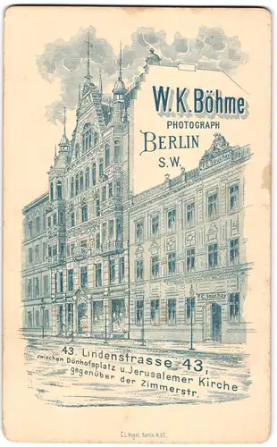 Fotografie W. K. Böhme, Berlin, Lindenstrasse 43, Ansicht Berlin, Aussenfasade des Fotografischen Ateliers