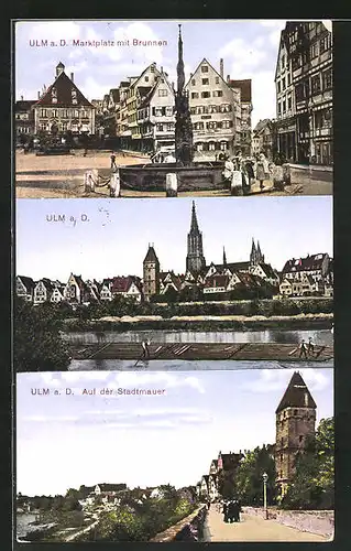 AK Ulm a. D., Marktplatz mit Brunnen, Ortspartie, Auf der Stadtmauer