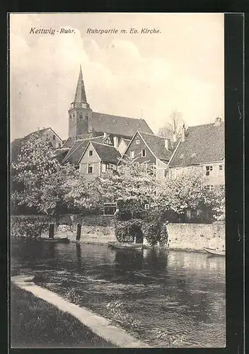 AK Kettwig /Ruhr, Ruhrpartie mit Evangelischer Kirche